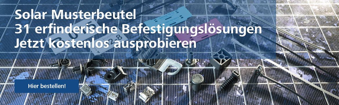 Musterbeutel mit ausgewählten Kabelbindern und Befestigungselementen für Solaranlagen von HellermannTyton