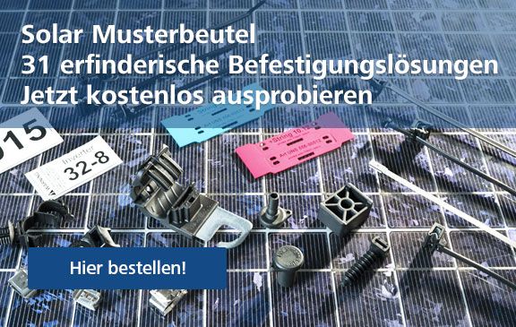 Musterbeutel mit ausgewählten Kabelbindern und Befestigungselementen für Solaranlagen von HellermannTyton