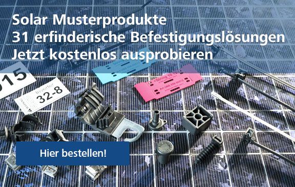 Musterbeutel mit ausgewählten Kabelbindern und Befestigungselementen für Solaranlagen von HellermannTyton
